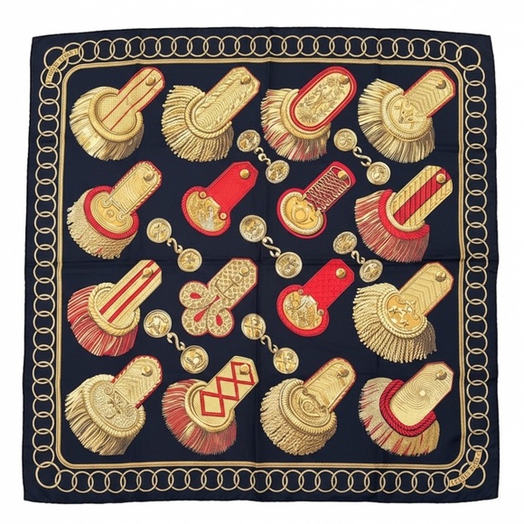 Hermes Accessories - Hermes Epaulettes Silk Scarf in Black with Gold and Red Decorations